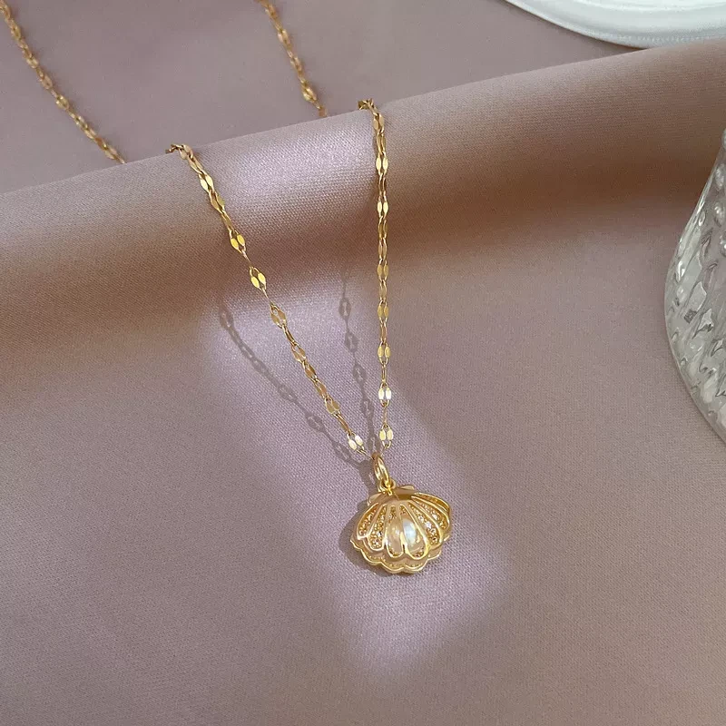 High quality 18k gold plated bling zircon shell pearl necklace N928 Images