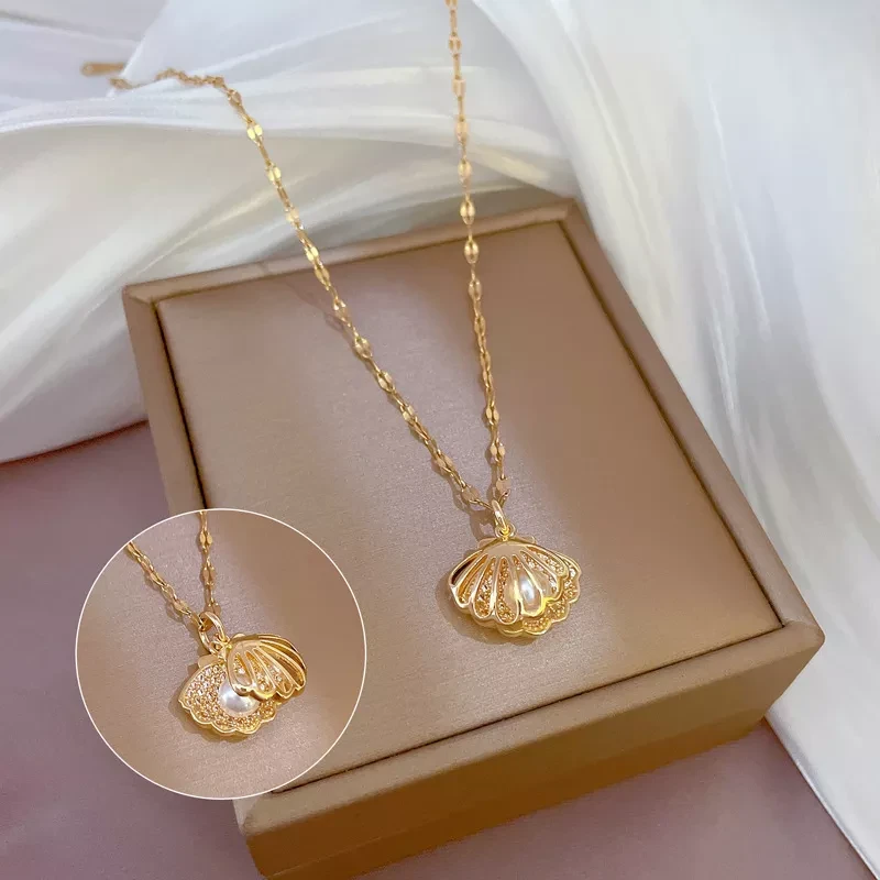 High quality 18k gold plated bling zircon shell pearl necklace N928 Images