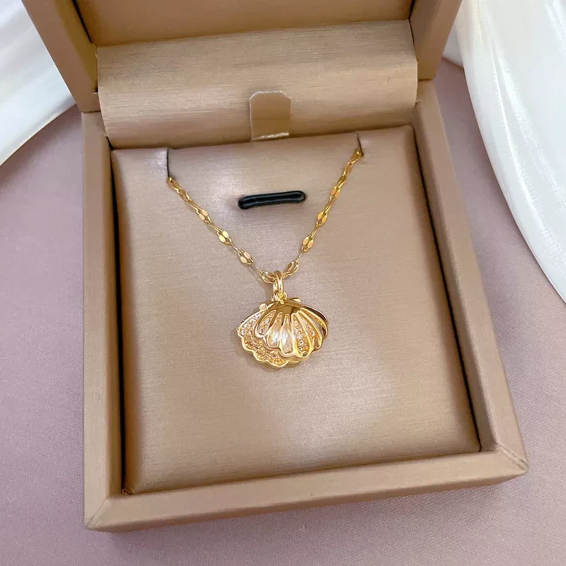 High quality 18k gold plated bling zircon shell pearl necklace N928 Images